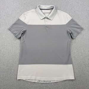 Lululemon Shirt Mens Medium Gray Cream Striped Tech Pique Short Sleeve Golf